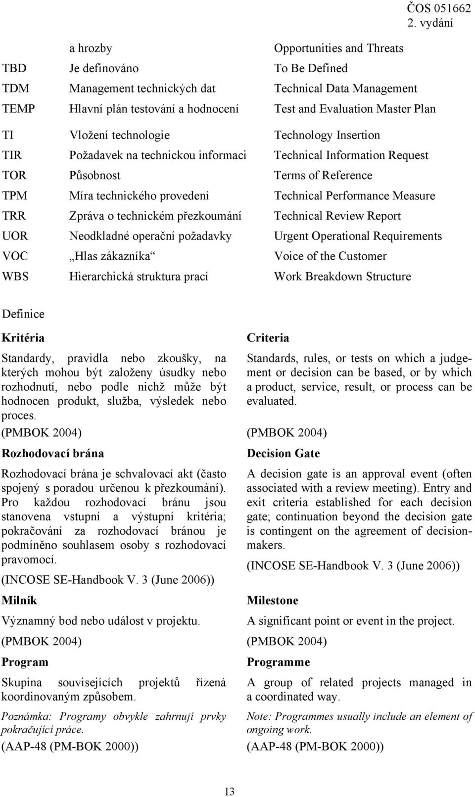 Performance Measure TRR Zpráva o technickém přezkoumání Technical Review Report UOR Neodkladné operační požadavky Urgent Operational Requirements VOC Hlas zákazníka Voice of the Customer WBS