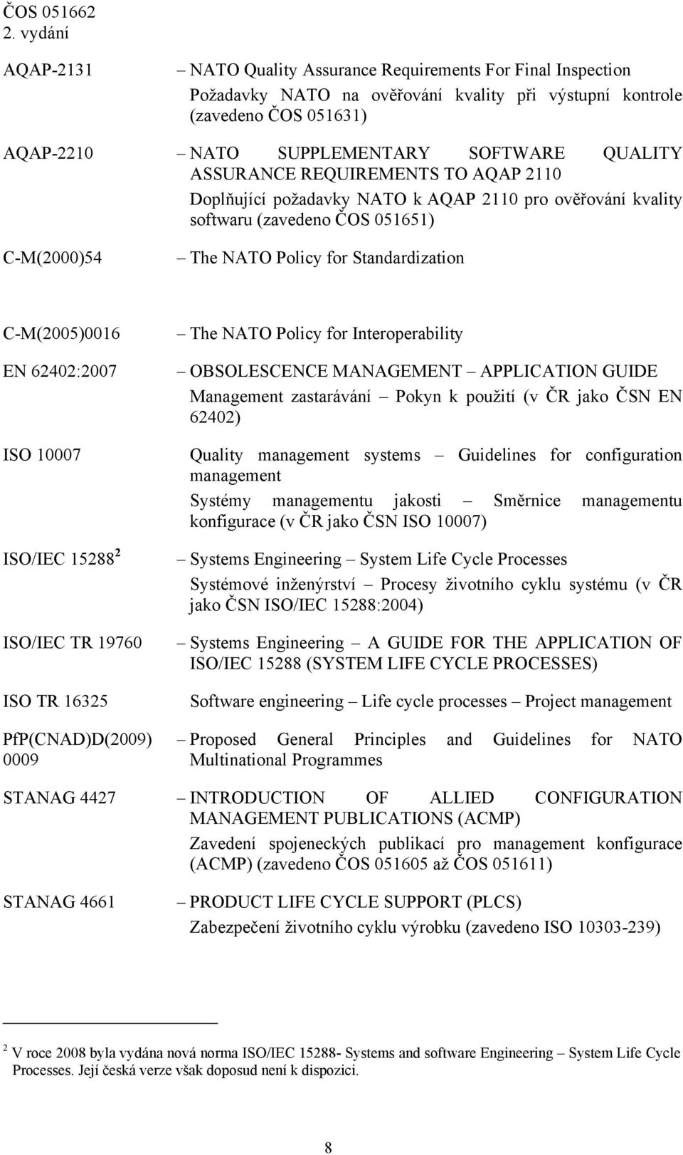 62402:2007 ISO 10007 ISO/IEC 15288 2 ISO/IEC TR 19760 ISO TR 16325 PfP(CNAD)D(2009) 0009 The NATO Policy for Interoperability OBSOLESCENCE MANAGEMENT APPLICATION GUIDE Management zastarávání Pokyn k