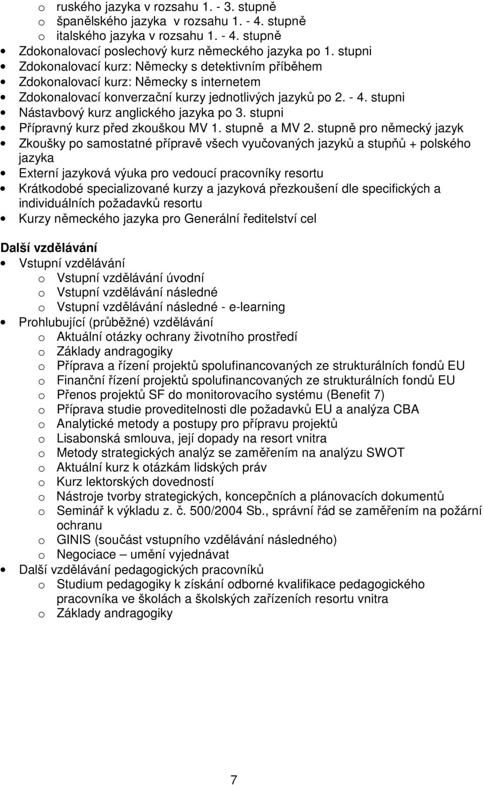 stupni Nástavbový kurz anglického jazyka po 3. stupni Přípravný kurz před zkouškou MV 1. stupně a MV 2.