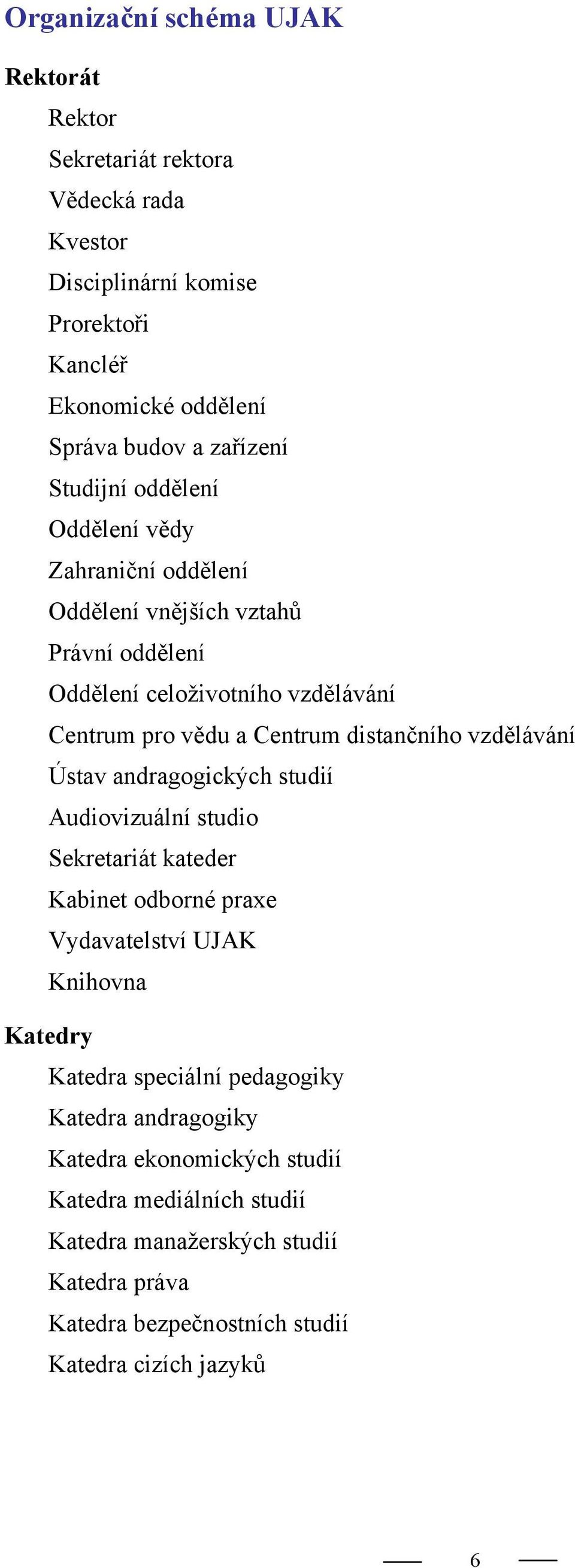 vzdělávání Ústav andragogických studií Audiovizuální studio Sekretariát kateder Kabinet odborné praxe Vydavatelství UJAK Knihovna Katedry Katedra speciální pedagogiky