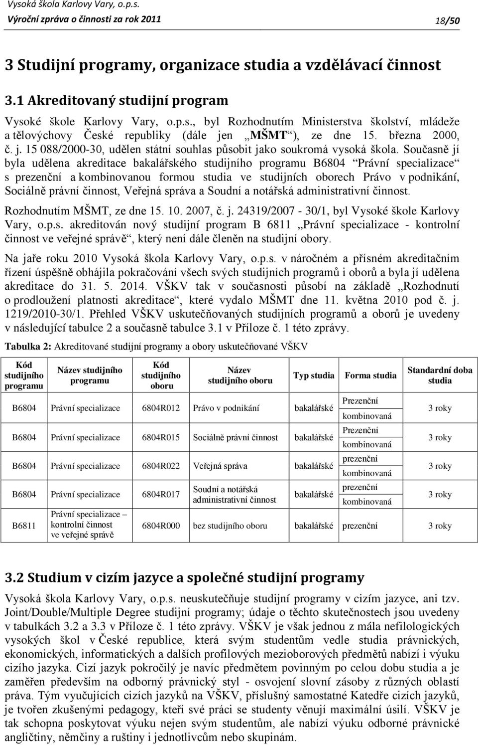 Současně jí byla udělena akreditace bakalářského studijního programu B6804 Právní specializace s prezenční a kombinovanou formou studia ve studijních oborech Právo v podnikání, Sociálně právní