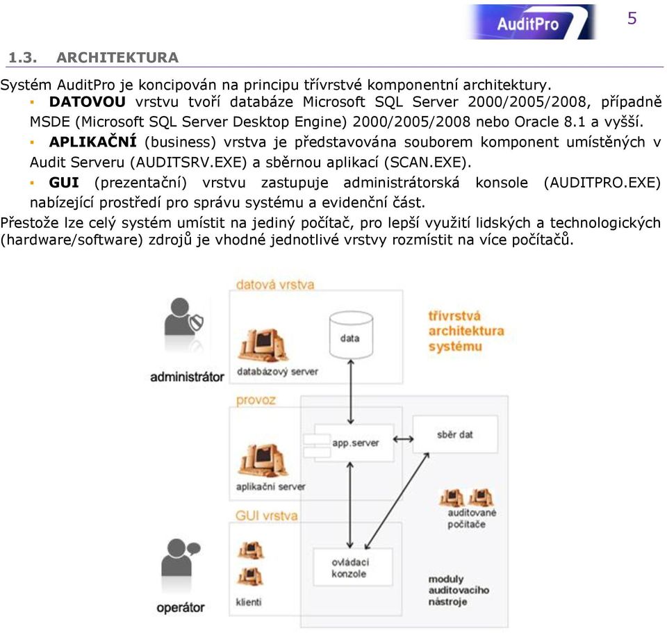 APLIKAČNÍ (business) vrstva je představována souborem komponent umístěných v Audit Serveru (AUDITSRV.EXE) a sběrnou aplikací (SCAN.EXE). GUI (prezentační) vrstvu zastupuje administrátorská konsole (AUDITPRO.