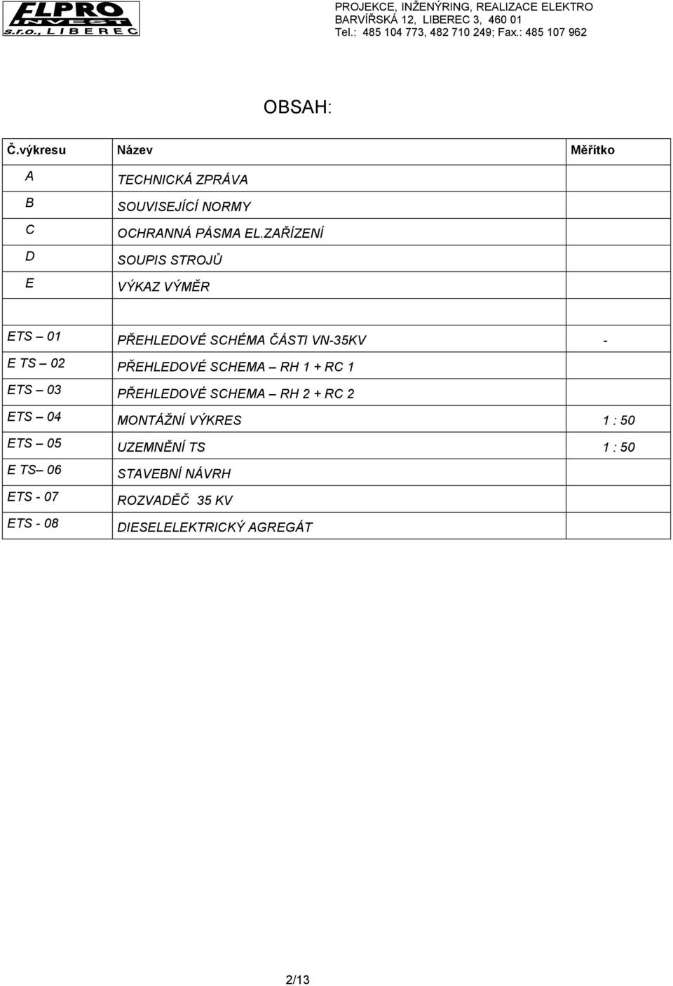 SCHEMA RH 1 + RC 1 ETS 03 PŘEHLEDOVÉ SCHEMA RH 2 + RC 2 ETS 04 MONTÁŽNÍ VÝKRES 1 : 50 ETS 05