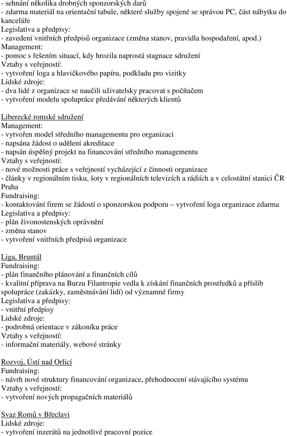 ) Management: - pomoc s řešením situací, kdy hrozila naprostá stagnace sdružení Vztahy s veřejností: - vytvoření loga a hlavičkového papíru, podkladu pro vizitky Lidské zdroje: - dva lidé z