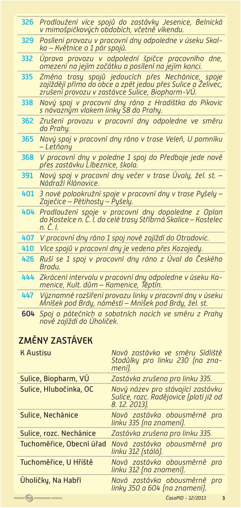 335 Změna trasy spojů jedoucích přes Nechánice, spoje zajíždějí přímo do obce a zpět jedou přes Sulice a Želivec, zrušení provozu v zastávce Sulice, Biopharm-VÚ.