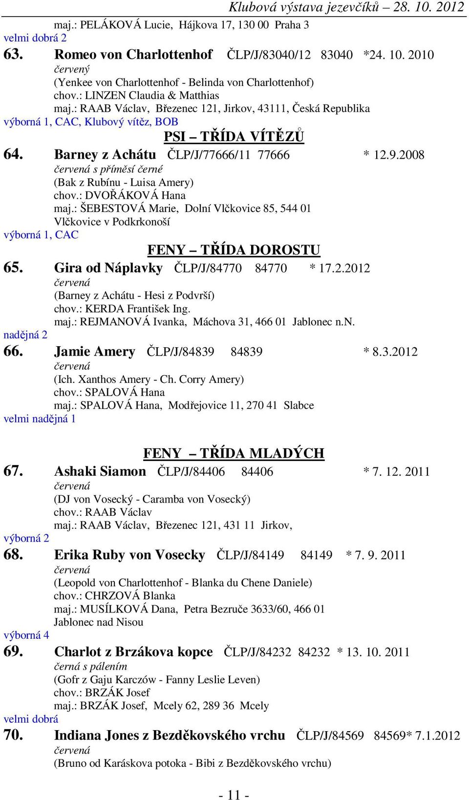 2008 s příměsí černé (Bak z Rubínu - Luisa Amery) chov.: DVOŘÁKOVÁ Hana maj.: ŠEBESTOVÁ Marie, Dolní Vlčkovice 85, 544 01 Vlčkovice v Podkrkonoší FENY TŘÍDA DOROSTU 65.