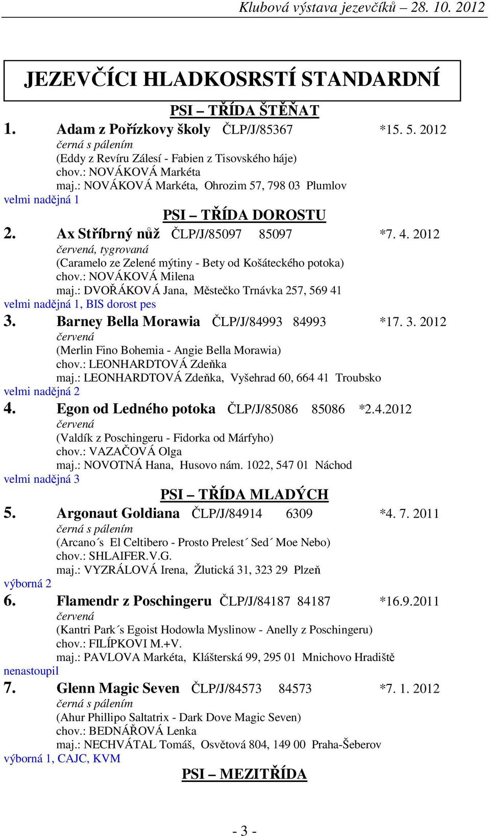 2012, tygrovaná (Caramelo ze Zelené mýtiny - Bety od Košáteckého potoka) chov.: NOVÁKOVÁ Milena maj.: DVOŘÁKOVÁ Jana, Městečko Trnávka 257, 569 41 velmi nadějná 1, BIS dorost pes 3.