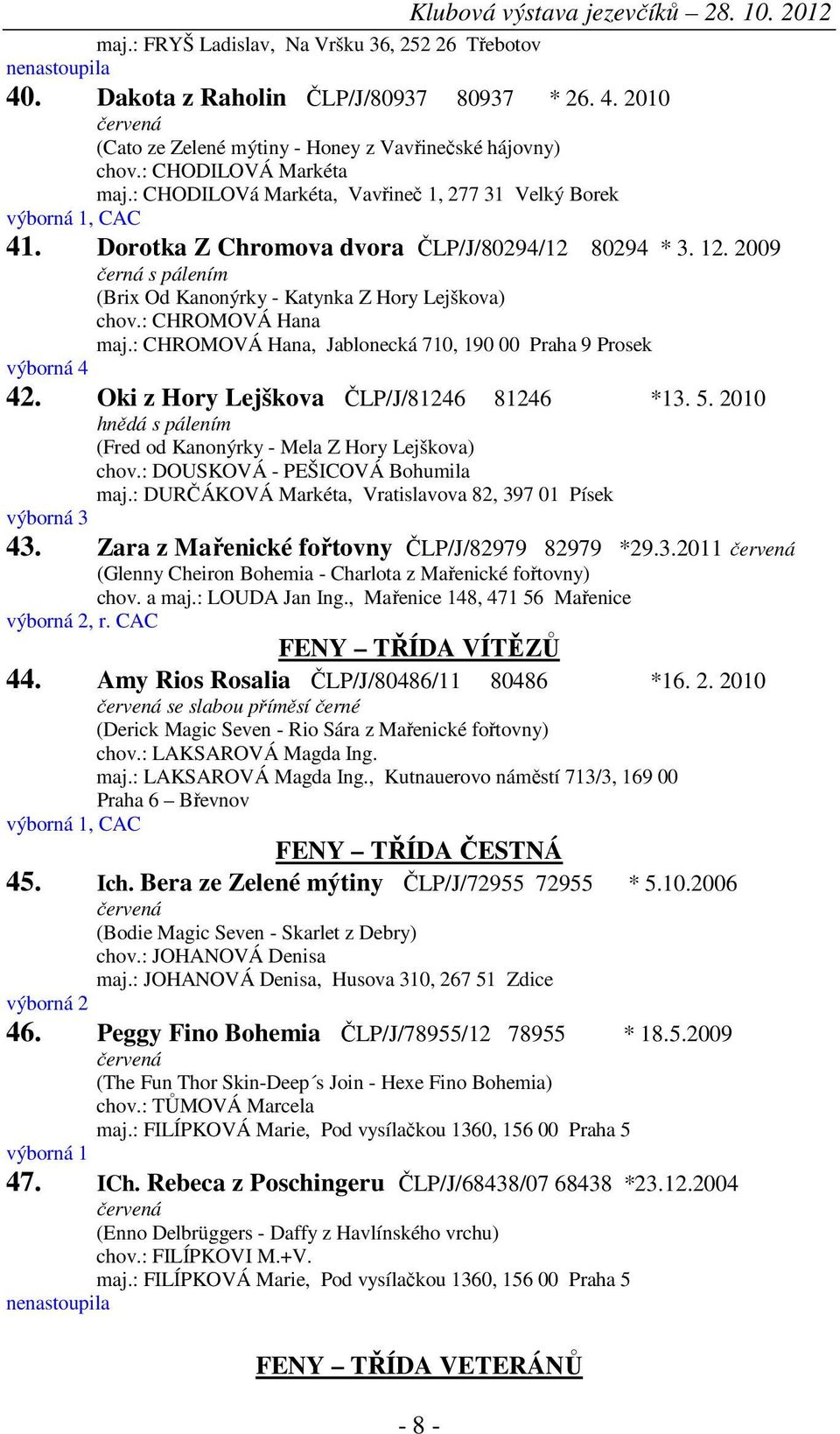 : CHROMOVÁ Hana, Jablonecká 710, 190 00 Praha 9 Prosek výborná 4 42. Oki z Hory Lejškova ČLP/J/81246 81246 *13. 5. 2010 hnědá s pálením (Fred od Kanonýrky - Mela Z Hory Lejškova) chov.