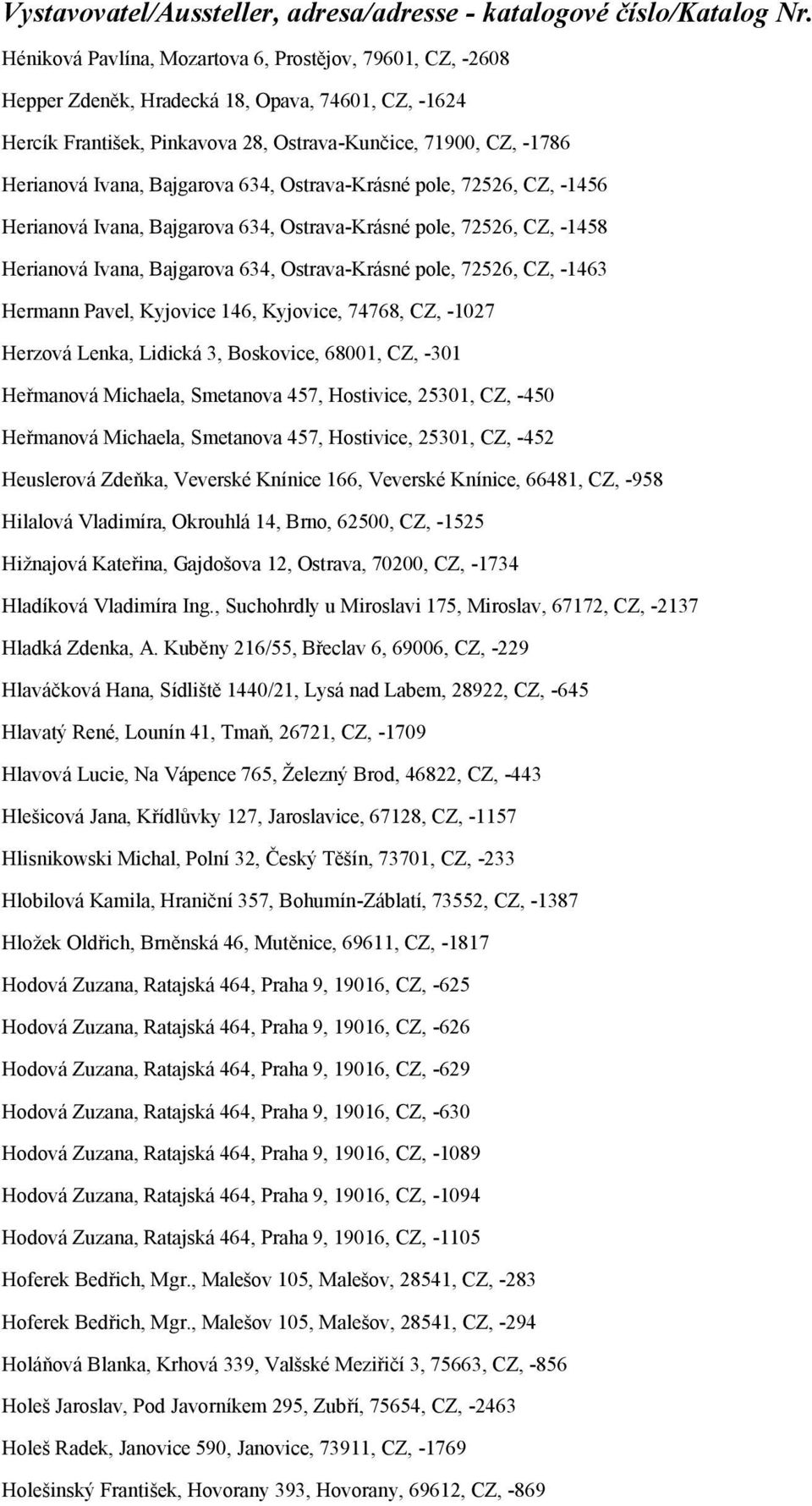 Hermann Pavel, Kyjovice 146, Kyjovice, 74768, CZ, -1027 Herzová Lenka, Lidická 3, Boskovice, 68001, CZ, -301 Heřmanová Michaela, Smetanova 457, Hostivice, 25301, CZ, -450 Heřmanová Michaela,