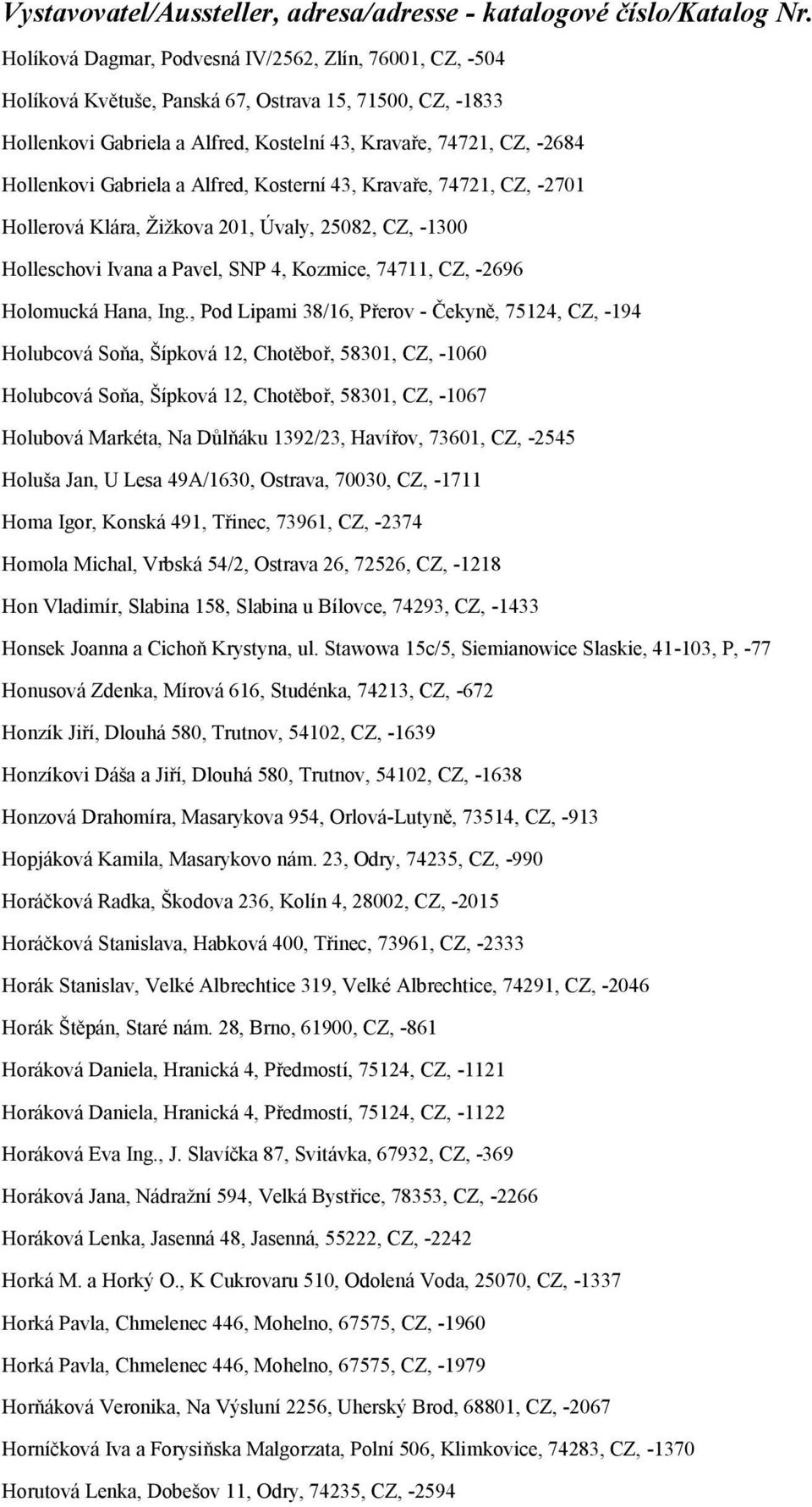 , Pod Lipami 38/16, Přerov - Čekyně, 75124, CZ, -194 Holubcová Soňa, Šípková 12, Chotěboř, 58301, CZ, -1060 Holubcová Soňa, Šípková 12, Chotěboř, 58301, CZ, -1067 Holubová Markéta, Na Důlňáku