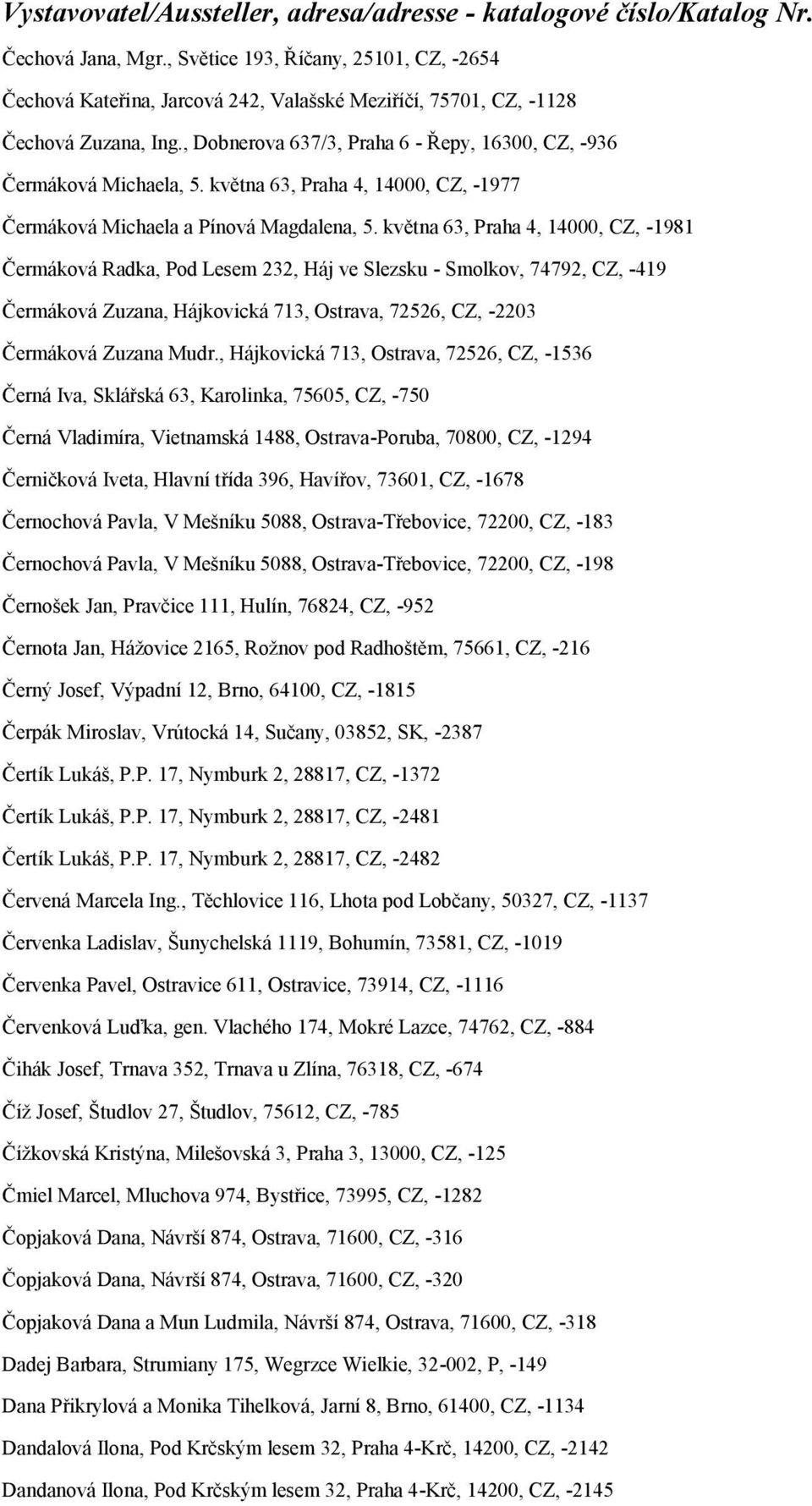 května 63, Praha 4, 14000, CZ, -1981 Čermáková Radka, Pod Lesem 232, Háj ve Slezsku - Smolkov, 74792, CZ, -419 Čermáková Zuzana, Hájkovická 713, Ostrava, 72526, CZ, -2203 Čermáková Zuzana Mudr.