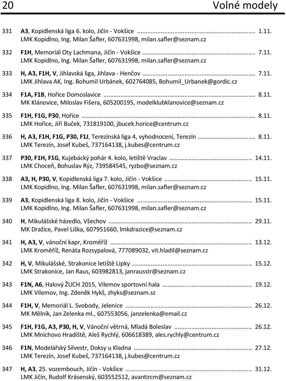 cz 335 F1H, F1G, P30, Hořice... 8.11. LMK Hořice, Jiří Buček, 731819100, jbucek.horice@centrum.cz 336 H, A3, F1H, F1G, P30, F1J, Terezínská liga 4, vyhodnocení, Terezín... 8.11. LMK Terezín, Josef Kubeš, 737164138, j.