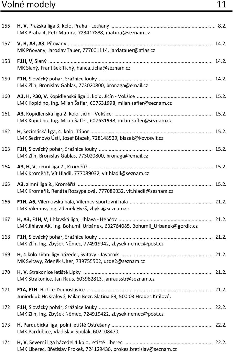 cz 160 A3, H, P30, V, Kopidlenská liga 1. kolo, Jičín - Vokšice... 15.2. LMK Kopidlno, Ing. Milan Šafler, 607631998, milan.safler@seznam.cz 161 A3, Kopidlenská liga 2. kolo, Jičín - Vokšice... 15.2. LMK Kopidlno, Ing. Milan Šafler, 607631998, milan.safler@seznam.cz 162 H, Sezimácká liga, 4.