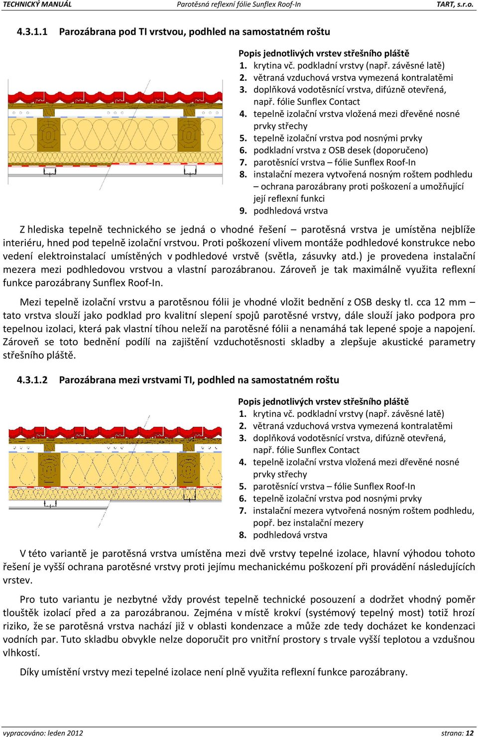 tepelně izolační vrstva pod nosnými prvky 6. podkladní vrstva z OSB desek (doporučeno) 7. parotěsnící vrstva fólie Sunflex Roof-In 8.