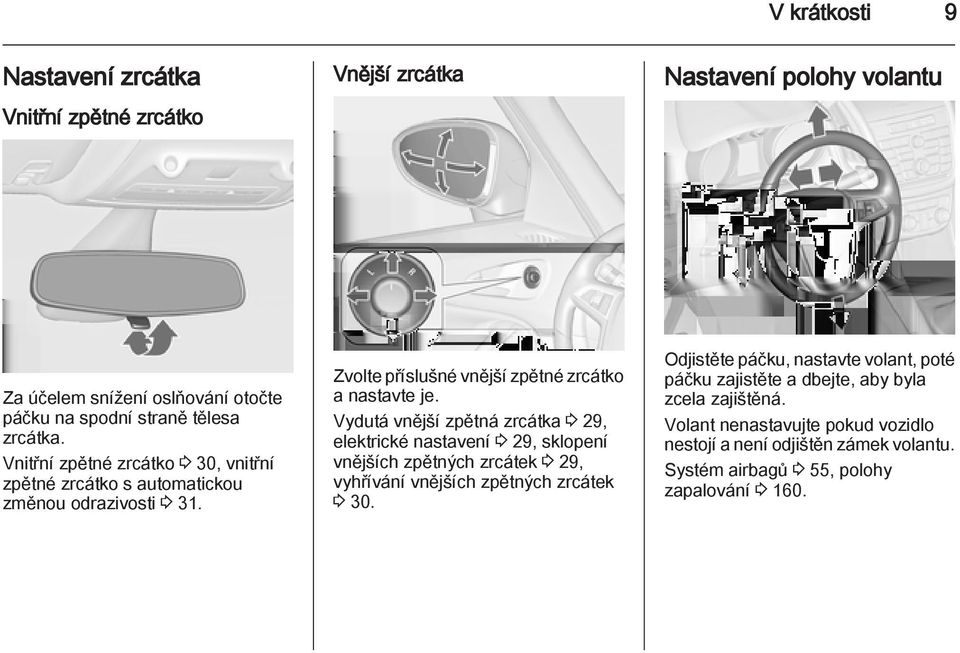 Vydutá vnější zpětná zrcátka 3 29, elektrické nastavení 3 29, sklopení vnějších zpětných zrcátek 3 29, vyhřívání vnějších zpětných zrcátek 3 30.