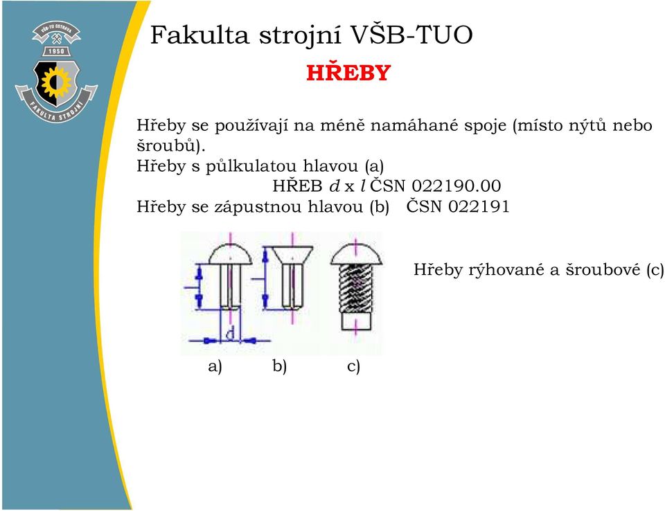 Hřeby s půlkulatou hlavou (a) HŘEB d x l ČSN 022190.