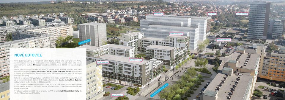 Mimo nově vznikající projekt se přímo u metra Nové Butovice nachází dva další kancelářské projekty Explora Bussinness Centre a Office Park Nové Butovice dohromady s 54 000 m 2 kancelářských a