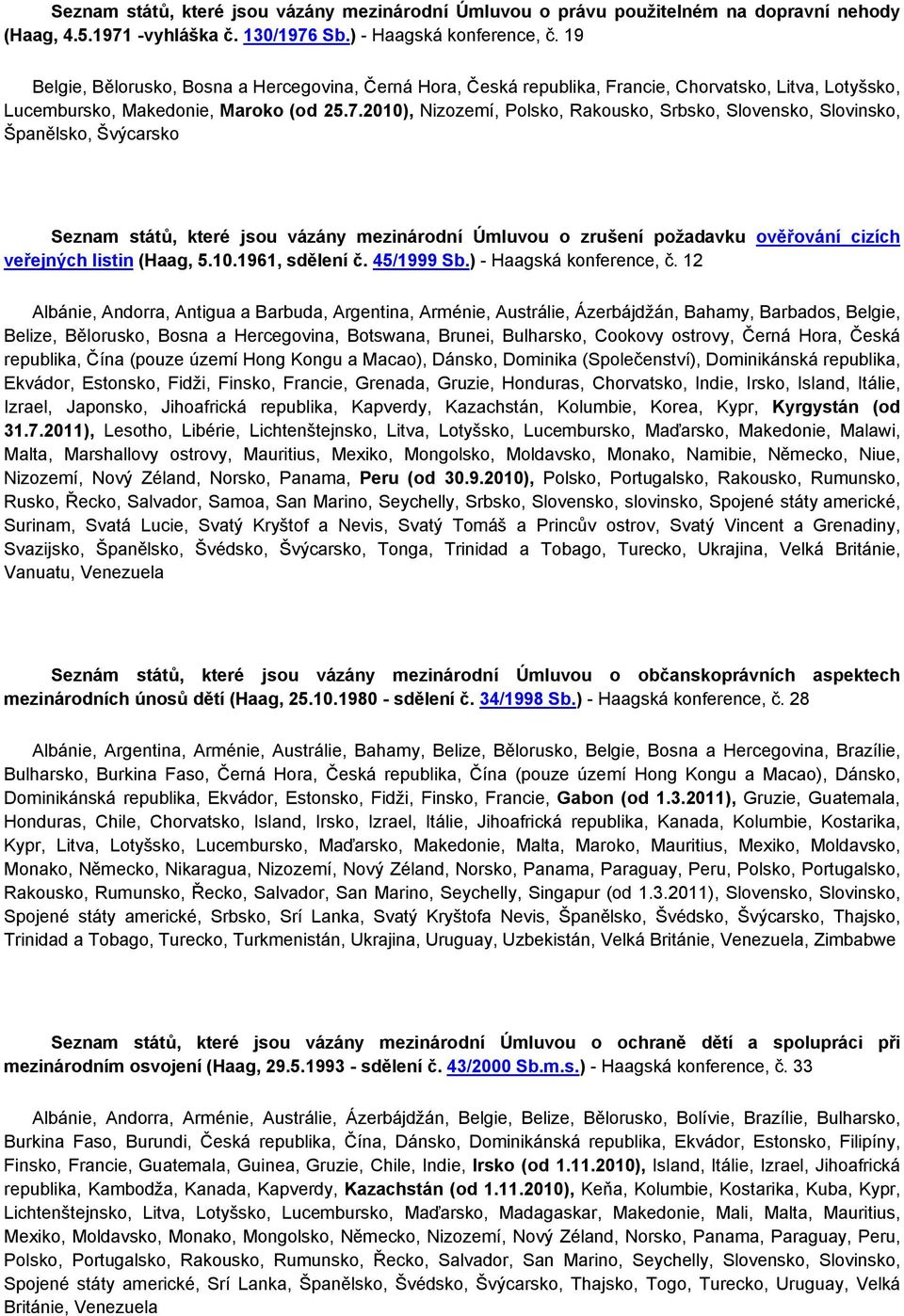 2010), Nizozemí, Polsko, Rakousko, Srbsko, Slovensko, Slovinsko, Španělsko, Švýcarsko Seznam států, které jsou vázány mezinárodní Úmluvou o zrušení požadavku ověřování cizích veřejných listin (Haag,