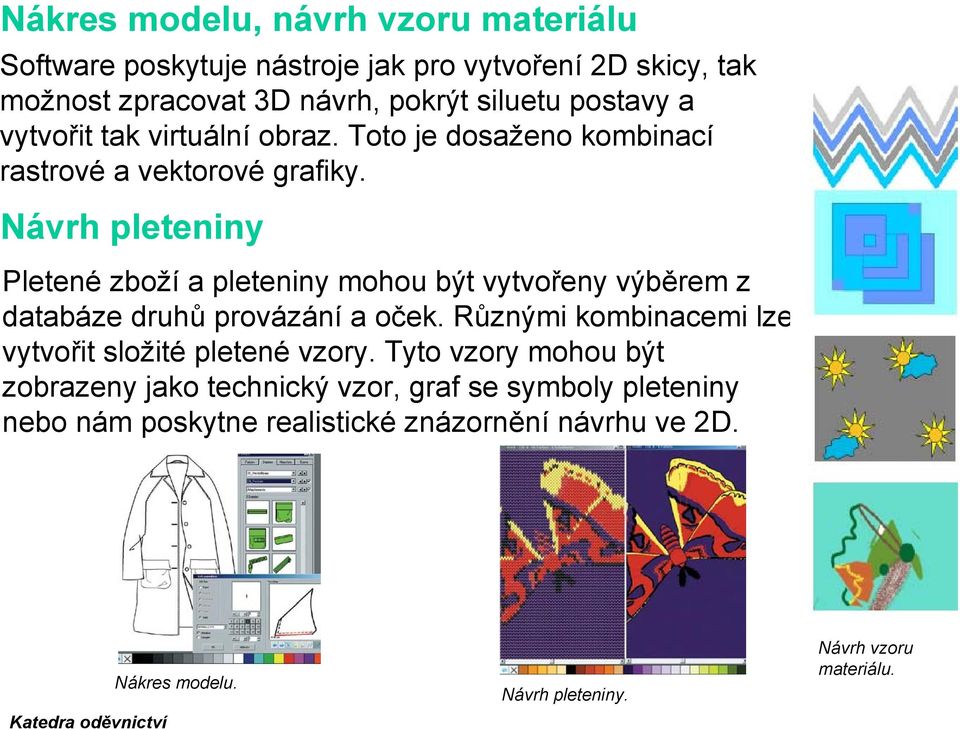 Návrh pleteniny Pletené zboží a pleteniny mohou být vytvořeny výběrem z databáze druhů provázání a oček.