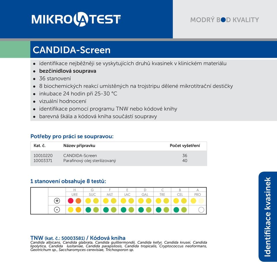 CANDIDA-Screen 36 10003371 Parafínový olej sterilizovaný 40 1 stanovení obsahuje 8 testů: H G F E D C B A URE SUC MLT LAC GAL TRE CEL PRO TNW (kat. č.