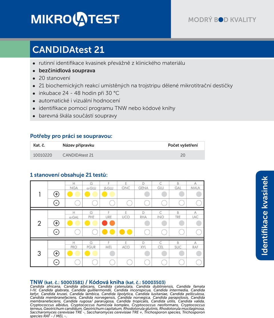 stanovení obsahuje 21 testů: Identifikace kvasinek TNW (kat. č.