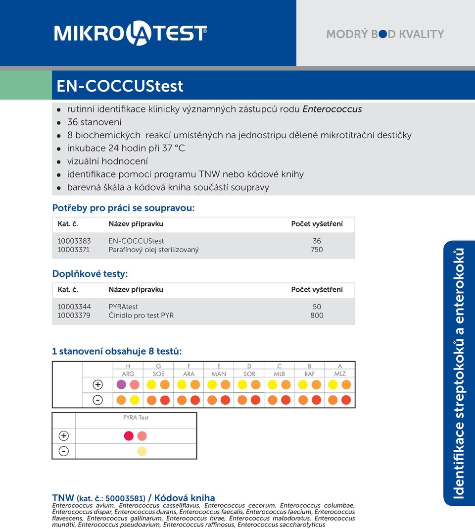 olej sterilizovaný 750 Doplňkové testy: 10003344 PYRAtest 50 10003379 Činidlo pro test PYR 800 1 stanovení obsahuje 8 testů: TNW (kat. č.