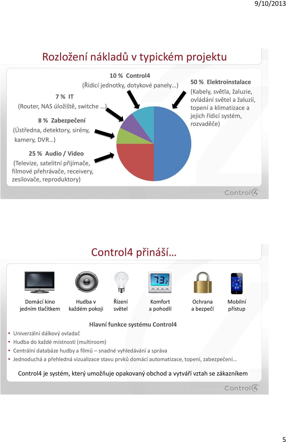 přehrávače, receivery, zesilovače, reproduktory) Control4 přináší Domácí kino jedním tlačítkem Hudba v každém pokoji Řízení světel Komfort a pohodlí Ochrana a bezpečí Mobilní přístup Univerzální