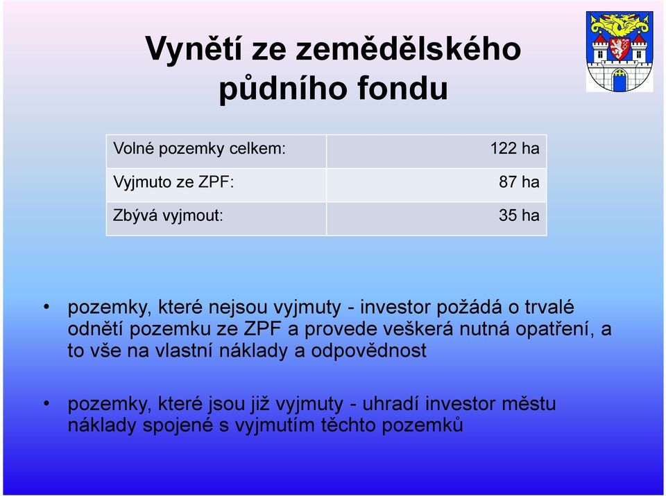 pozemku ze ZPF a provede veškerá nutná opatření, a to vše na vlastní náklady a odpovědnost