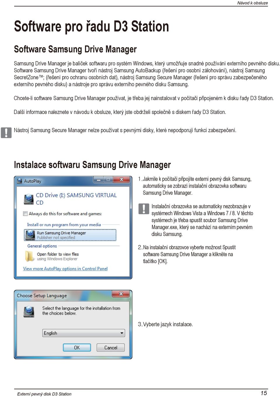 pro správu zabezpečeného externího pevného disku) a nástroje pro správu externího pevného disku Samsung.