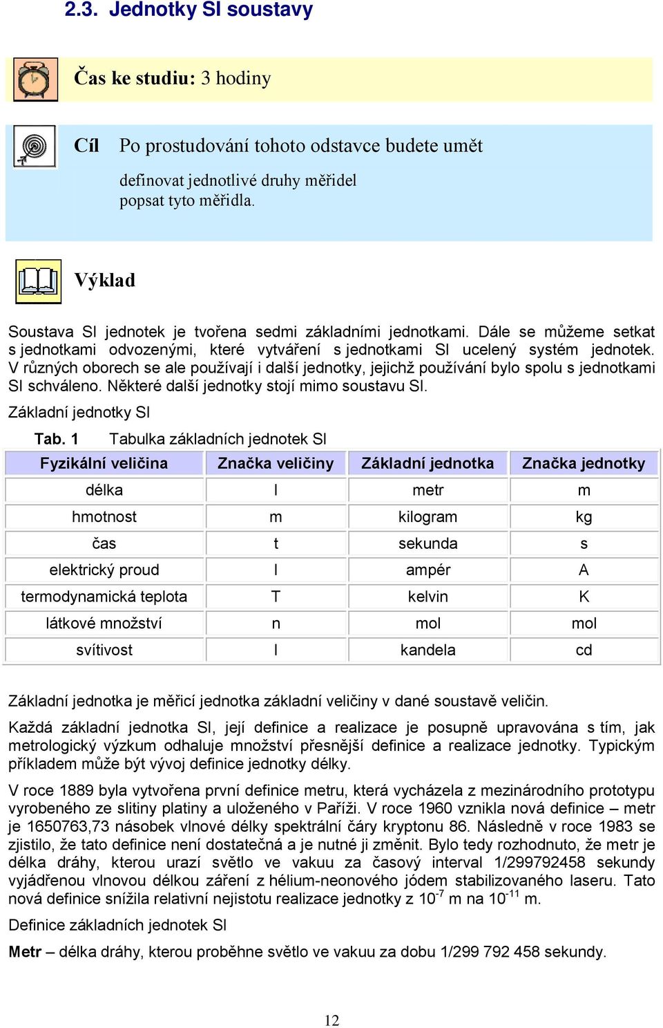 V různých oborech se ale používají i další jednotky, jejichž používání bylo spolu s jednotkami SI schváleno. Některé další jednotky stojí mimo soustavu SI. Základní jednotky SI Tab.