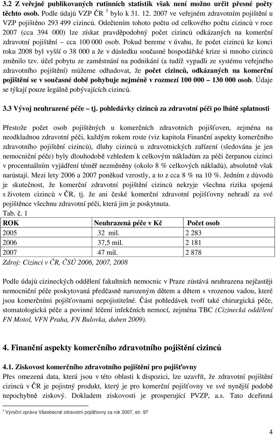 Odečtením tohoto počtu od celkového počtu cizinců v roce 2007 (cca 394 000) lze získat pravděpodobný počet cizinců odkázaných na komerční zdravotní pojištění cca 100 000 osob.