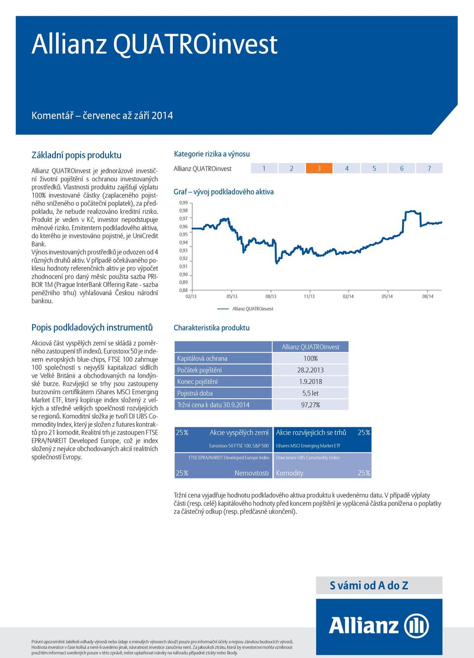 Produkt je veden v Kč, investor nepodstupuje měnové riziko. Emitentem podkladového aktiva, do kterého je investováno pojistné, je UniCredit Bank.