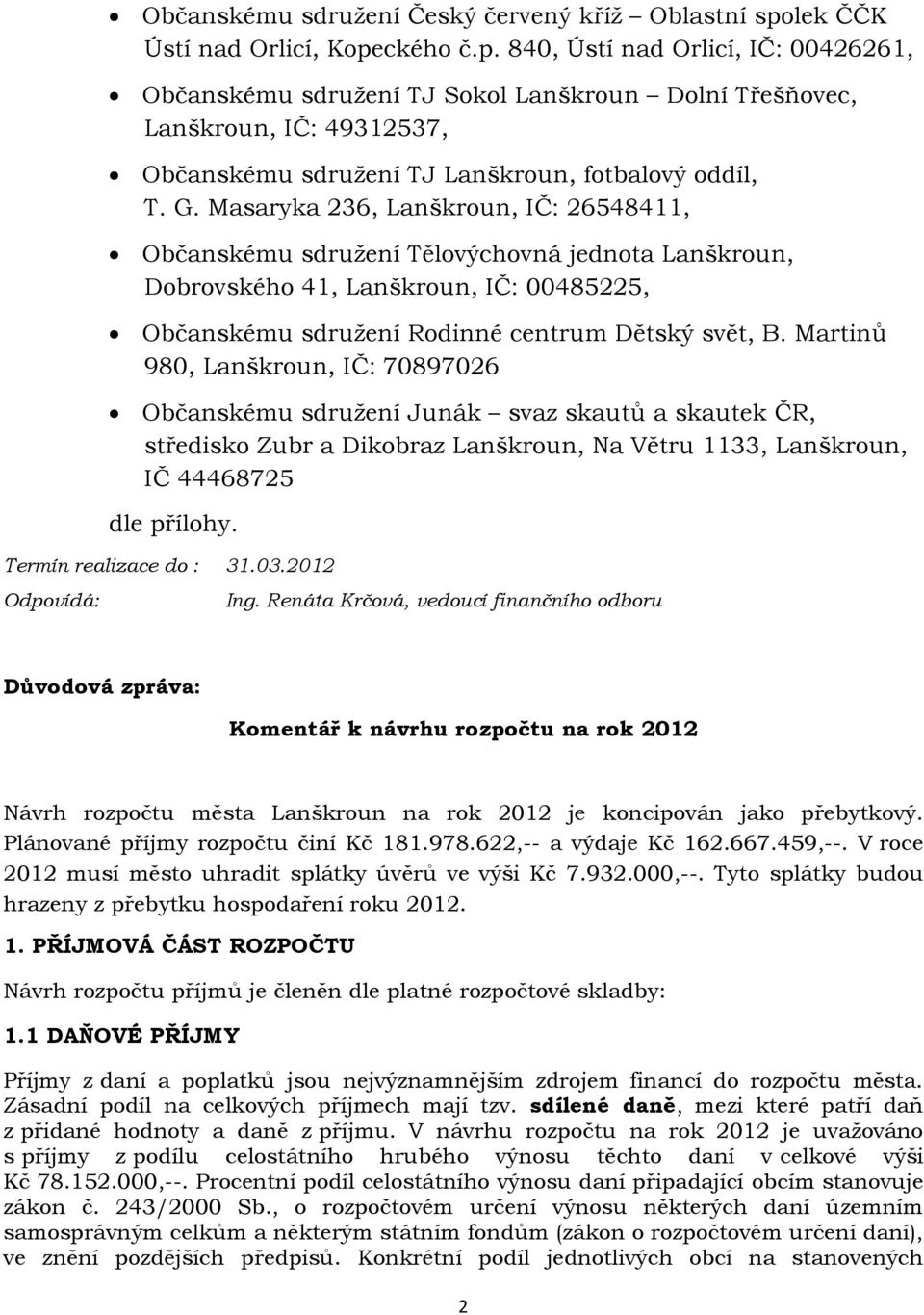 G. Masaryka 236, Lanškroun, IČ: 26548411, Občanskému sdružení Tělovýchovná jednota Lanškroun, Dobrovského 41, Lanškroun, IČ: 00485225, Občanskému sdružení Rodinné centrum Dětský svět, B.