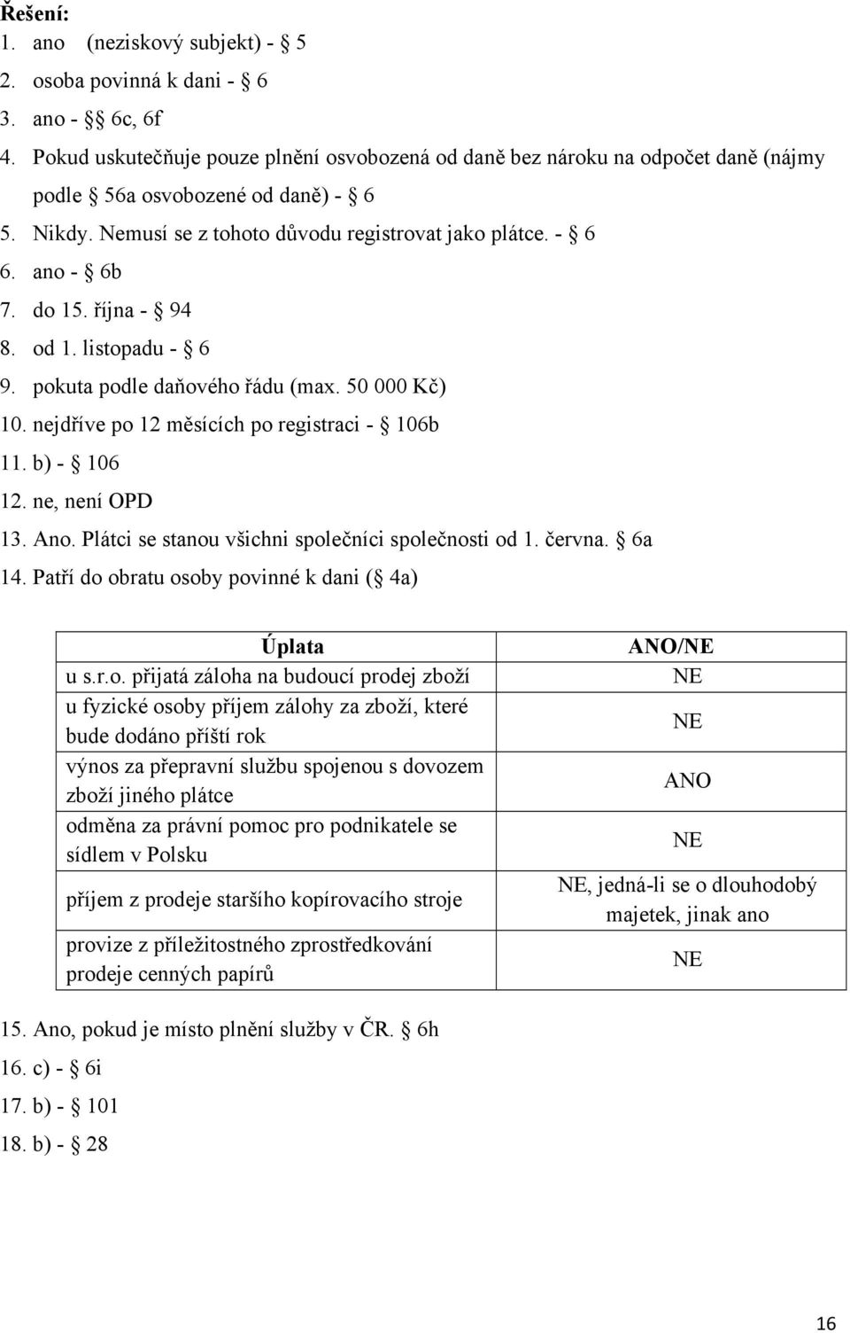 do 15. října - 94 8. od 1. listopadu - 6 9. pokuta podle daňového řádu (max. 50 000 Kč) 10. nejdříve po 12 měsících po registraci - 106b 11. b) - 106 12. ne, není OPD 13. Ano.