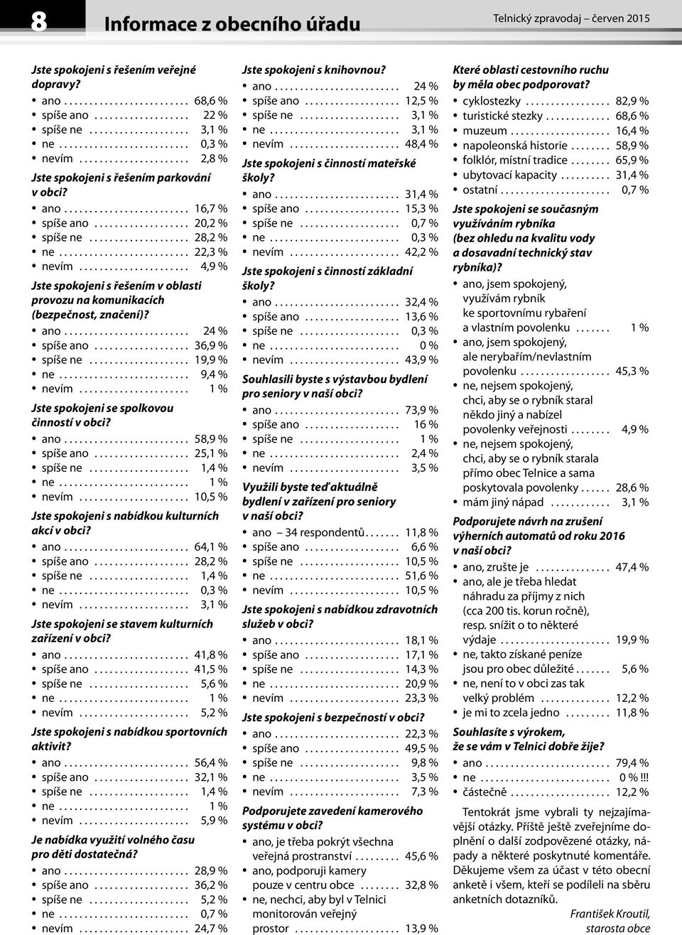 .. 4,9 % Jste spokojeni s řešením v oblasti provozu na komunikacích (bezpečnost, značení)? ano... 24 % spíše ano... 36,9 % spíše ne... 19,9 % ne... 9,4 % nevím.