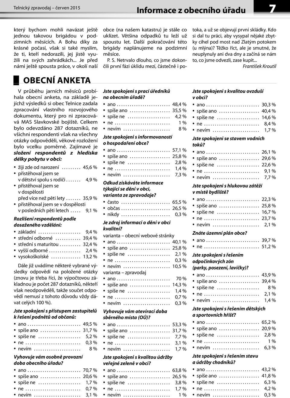 .. Je před námi ještě spousta práce, v okolí naší OBECNÍ ANKETA V průběhu jarních měsíců probíhala obecní anketa, na základě jejíchž výsledků si obec Telnice zadala zpracování vlastního rozvojového