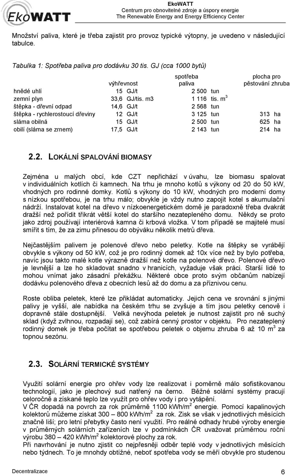 m 3 štěpka - dřevní odpad 14,6 GJ/t 2 568 tun štěpka - rychlerostoucí dřeviny 12 GJ/t 3 125 tun 313 ha sláma obilná 15 GJ/t 2 500 tun 625 ha obilí (sláma se zrnem) 17,5 GJ/t 2 143 tun 214 ha 2.2. LOKÁLNÍ SPALOVÁNÍ BIOMASY Zejména u malých obcí, kde CZT nepřichází v úvahu, lze biomasu spalovat v individuálních kotlích či kamnech.