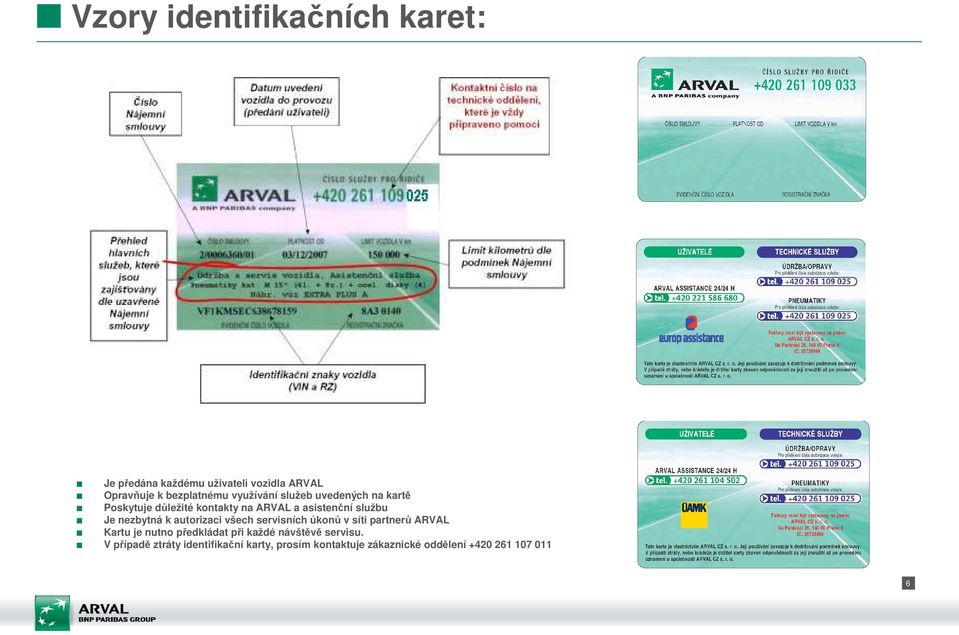 nezbytná k autorizaci všech servisních úkonů v síti partnerů ARVAL Kartu je nutno předkládat při