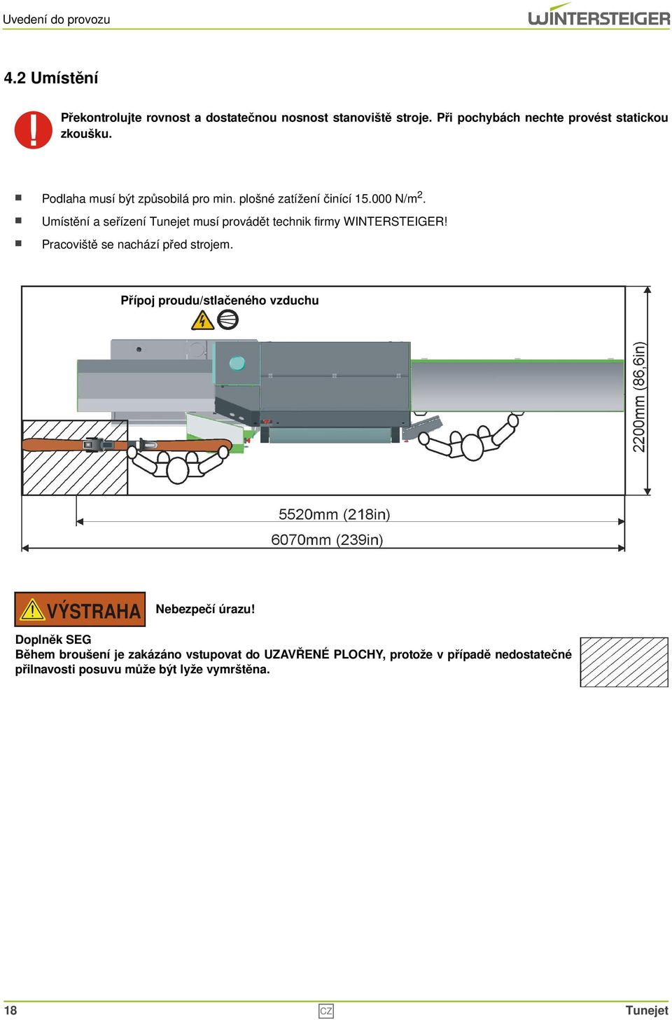 Umístění a seřízení Tunejet musí provádět technik firmy WINTERSTEIGER! Pracoviště se nachází před strojem.