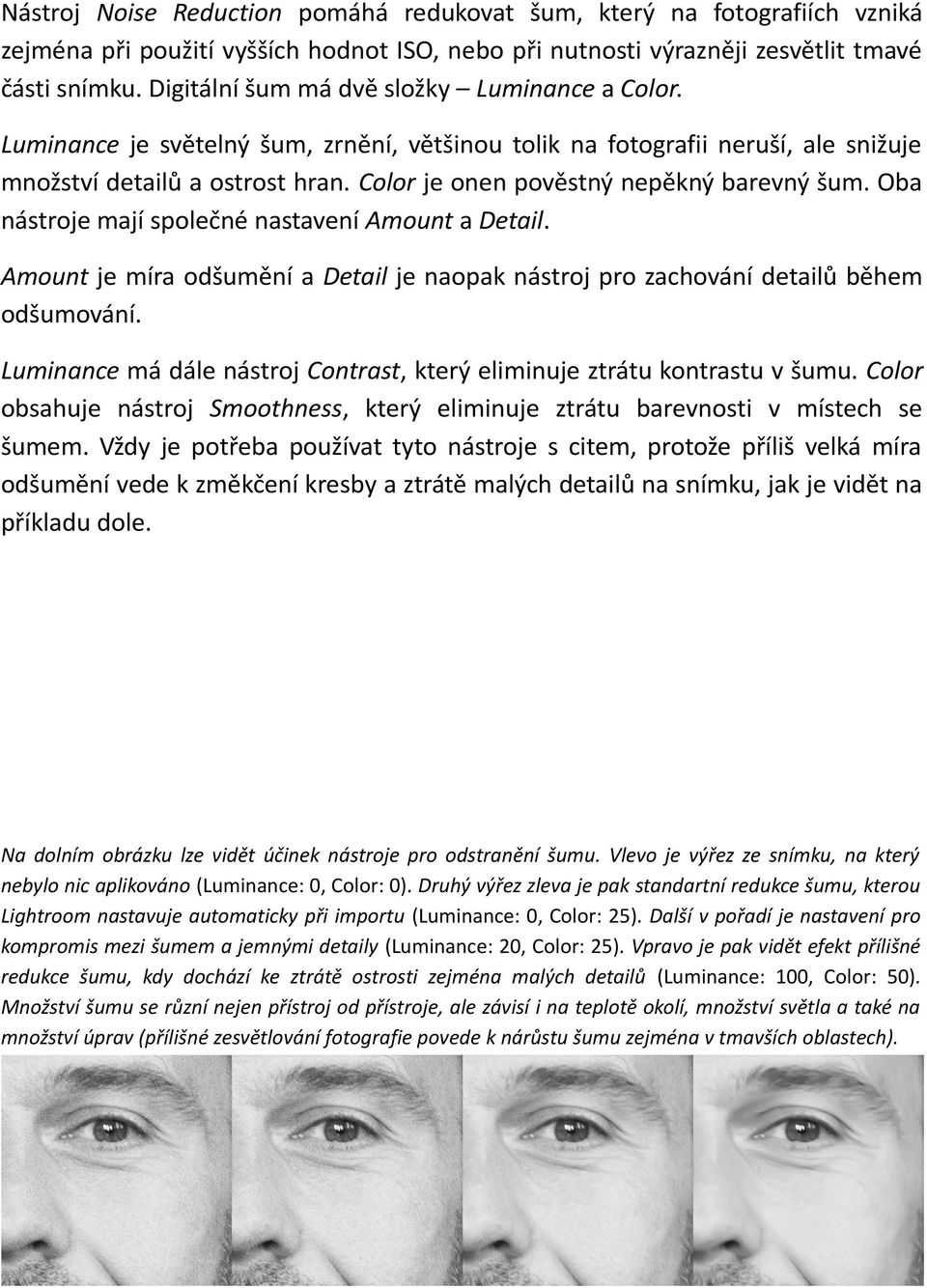 Color je onen pověstný nepěkný barevný šum. Oba nástroje mají společné nastavení Amount a Detail. Amount je míra odšumění a Detail je naopak nástroj pro zachování detailů během odšumování.