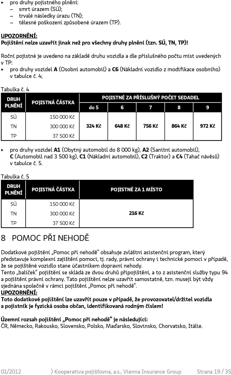 Roční pojistné je uvedeno na základě druhu vozidla a dle příslušného počtu míst uvedených v TP: + pro druhy vozidel A (Osobní automobil) a C6 (Nákladní vozidlo z modifikace osobního) v tabulce č.