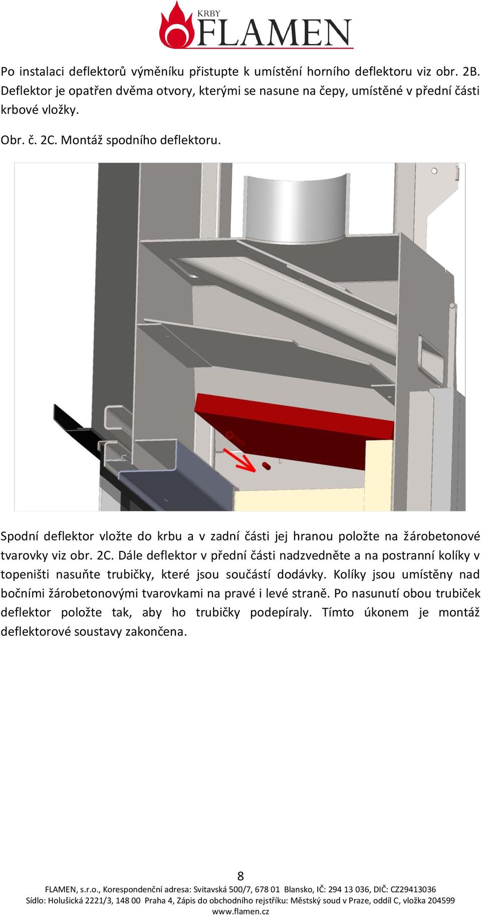 Spodní deflektor vložte do krbu a v zadní části jej hranou položte na žárobetonové tvarovky viz obr. 2C.