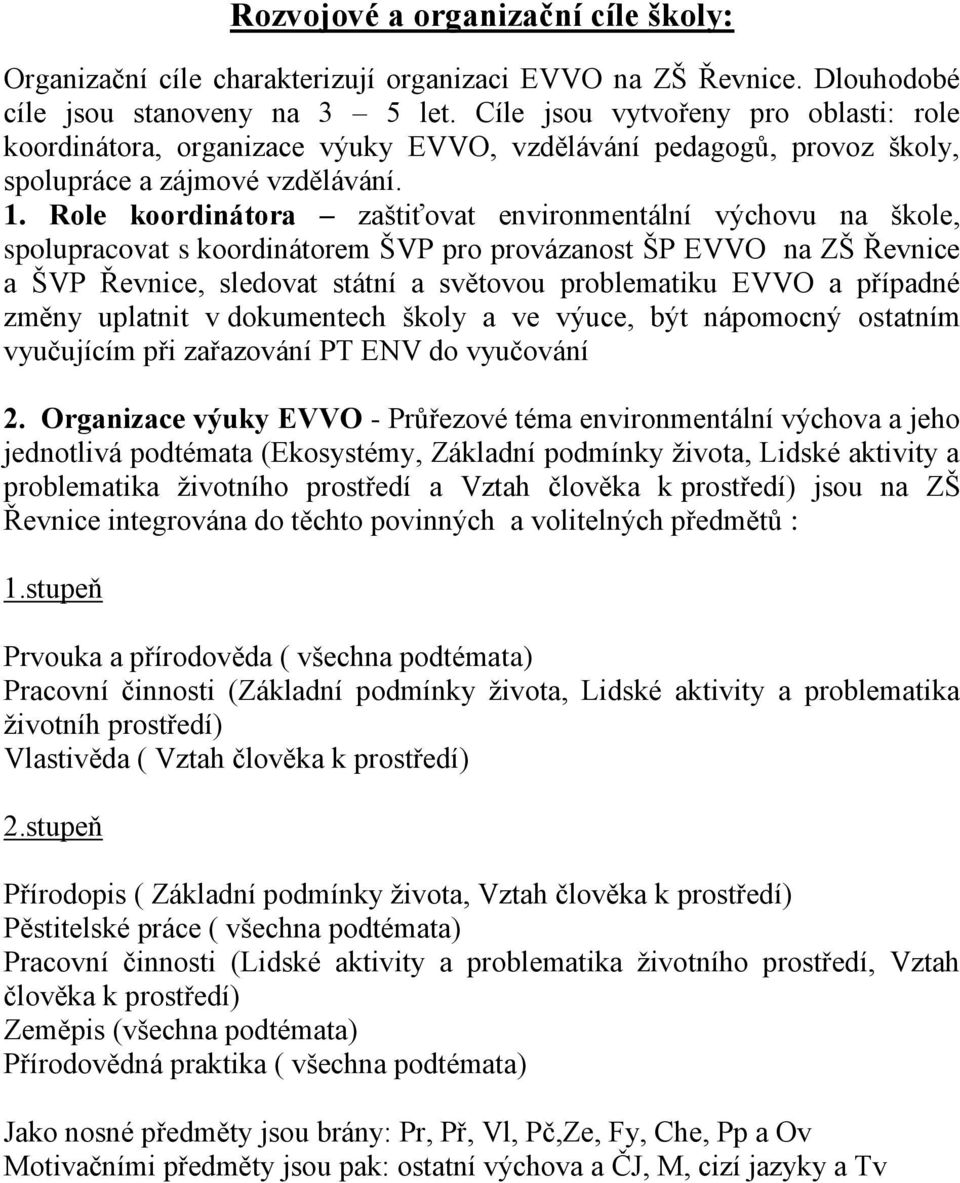 Role koordinátora zaštiťovat environmentální výchovu na škole, spolupracovat s koordinátorem ŠVP pro provázanost ŠP EVVO na ZŠ Řevnice a ŠVP Řevnice, sledovat státní a světovou problematiku EVVO a