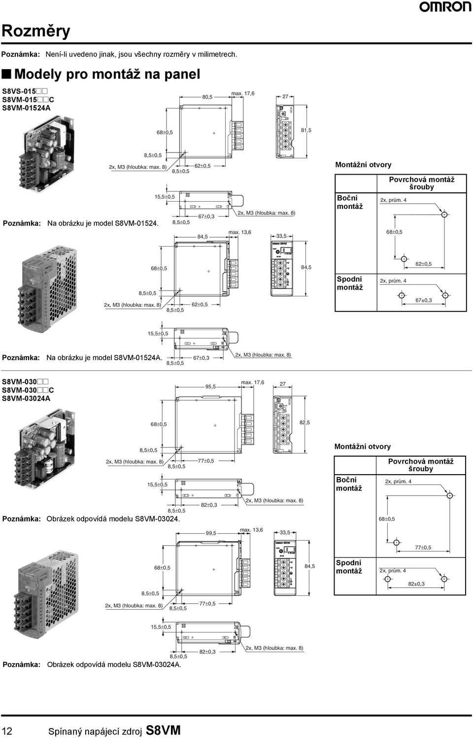 4 84,5 62±0,5 62±0,5 Spodní montáž 2x, prům. 4 67±0,3 15,5±0,5 Na obrázku je model S8VM-01524A. 67±0,3 S8VM-030@@ S8VM-030@@C S8VM-03024A 95,5 max.