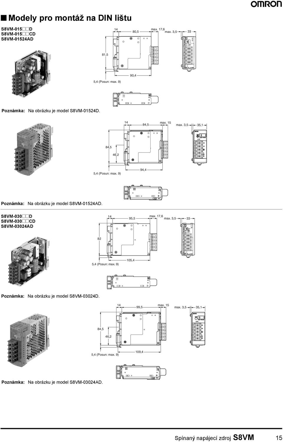 9) 94,4 Na obrázku je model S8VM-01524AD. S8VM-030@@D S8VM-030@@CD S8VM-03024AD 14 95,5 max. 17,6 max. 3,5 33 82 5,4 (Posun: max.