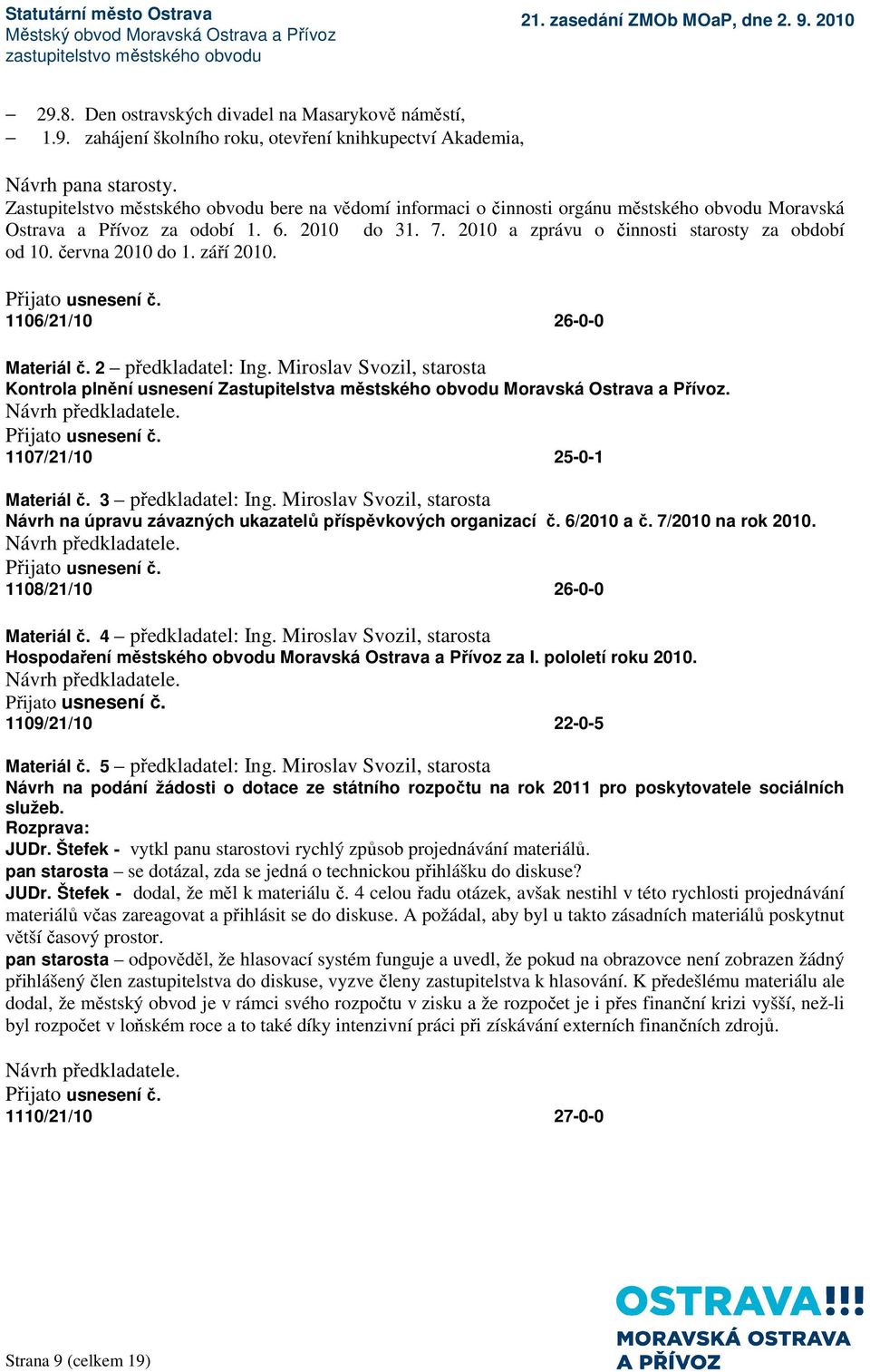 června 2010 do 1. září 2010. 1106/21/10 26-0-0 Materiál č. 2 předkladatel: Ing. Miroslav Svozil, starosta Kontrola plnění usnesení Zastupitelstva městského obvodu Moravská Ostrava a Přívoz.