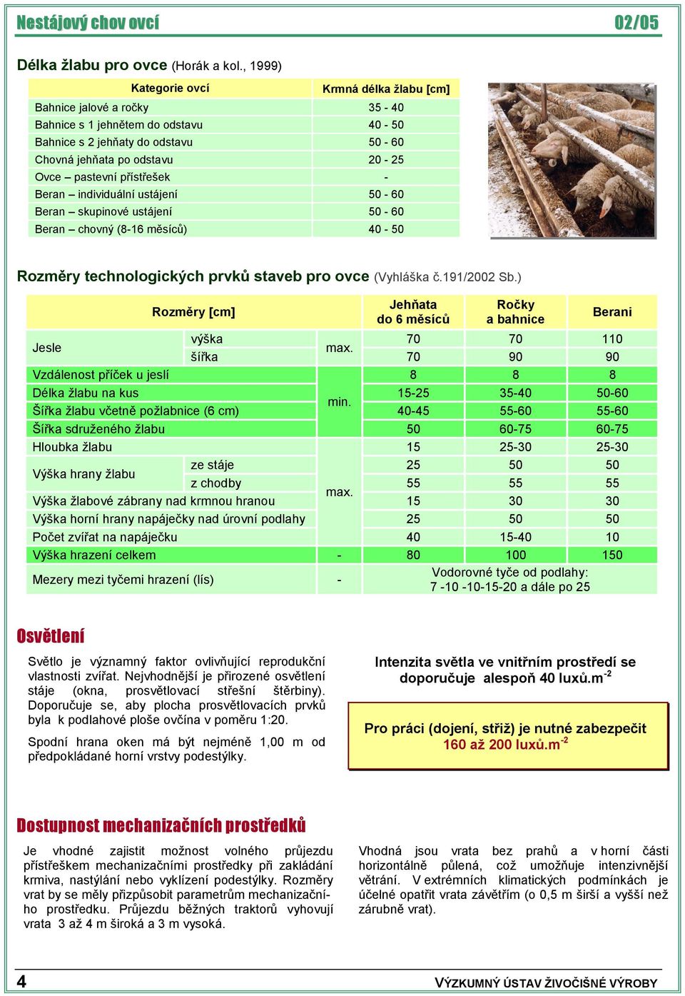 přístřešek - Beran individuální ustájení 50-60 Beran skupinové ustájení 50-60 Beran chovný (8-16 měsíců) 40-50 Rozměry technologických prvků staveb pro ovce (Vyhláška č.191/2002 Sb.