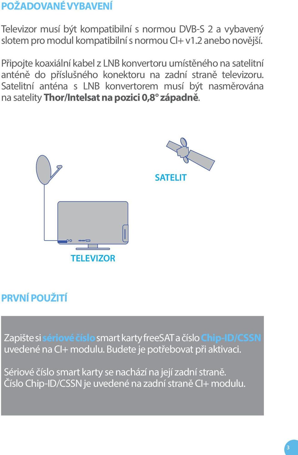 Satelitní anténa s LNB konvertorem musí být nasměrována na satelity Thor/Intelsat na pozici 0,8 západně.