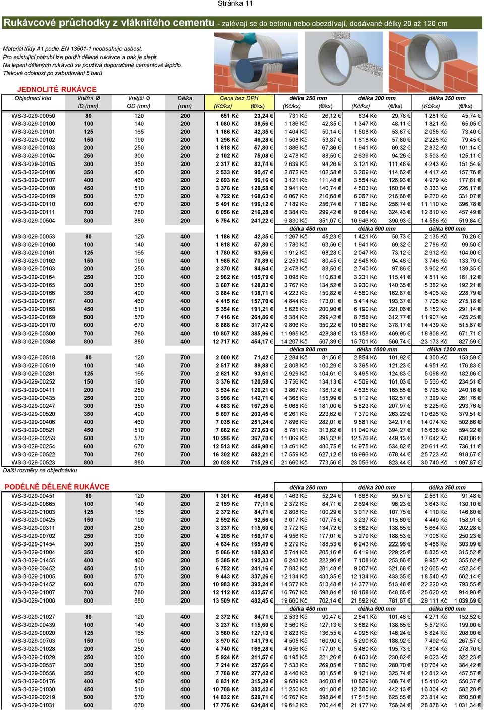 Tlaková odolnost po zabudování 5 barů JEDNOLITÉ RUKÁVCE Vnitřní Ø Vnější Ø Délka délka 250 mm délka 300 mm délka 350 mm ID (mm) OD (mm) (mm) (Kč/ks) ( /ks) (Kč/ks) ( /ks) (Kč/ks) ( /ks) (Kč/ks) (