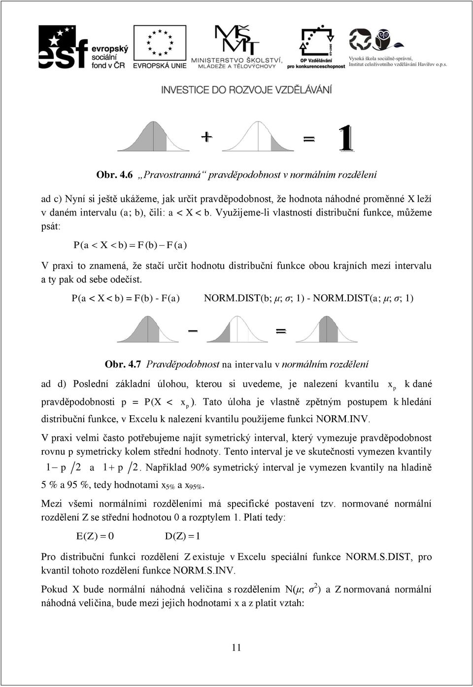 P(a < X < b) = F(b) - F(a) NORM.DIST(b; μ; σ; 1) - NORM.DIST(a; μ; σ; 1) Obr. 4.